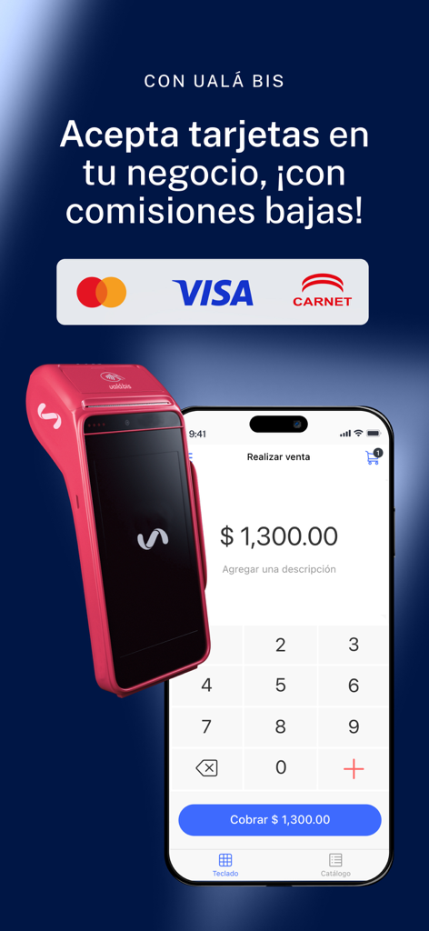 Ualá Bis - Uala Bis mobile app interface and red POS terminal for business card payments