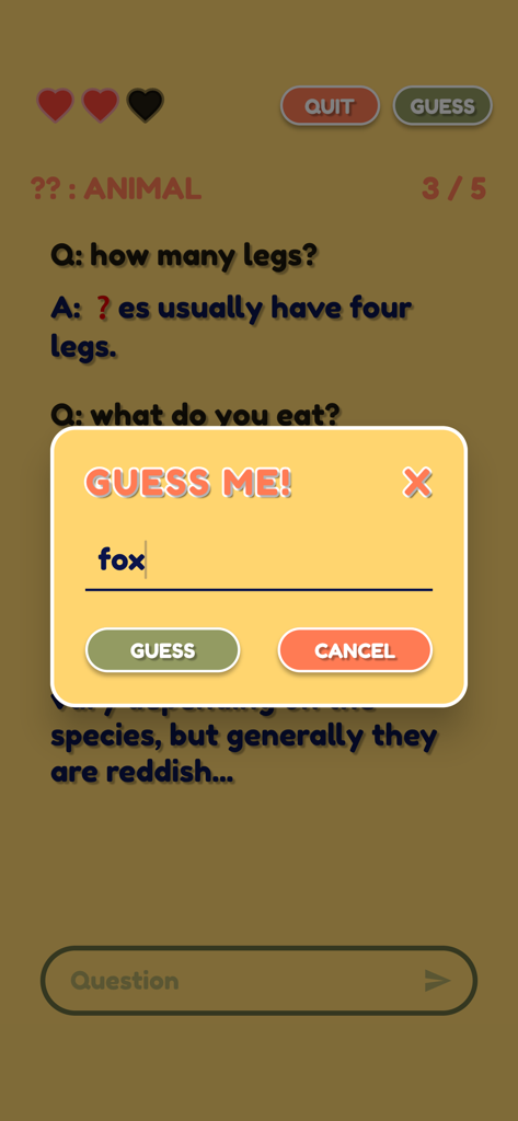 Guess Me!!! - A screenshot of the Guess Me mobile game showing the animal category and a guess modal with the word fox