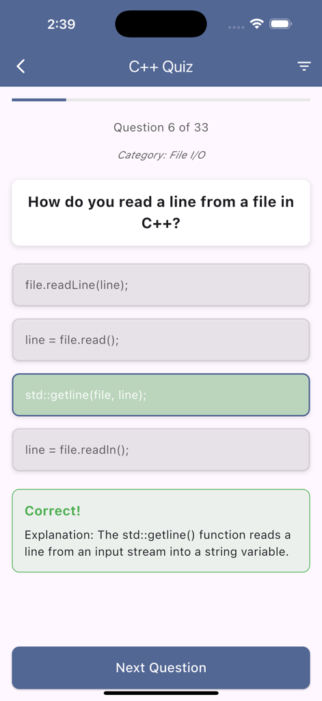 C++ Flashcards and Dictionary - C plus plus Programmier-Quiz-Oberfläche mit einer Frage, der richtigen Antwort und Erklärung.