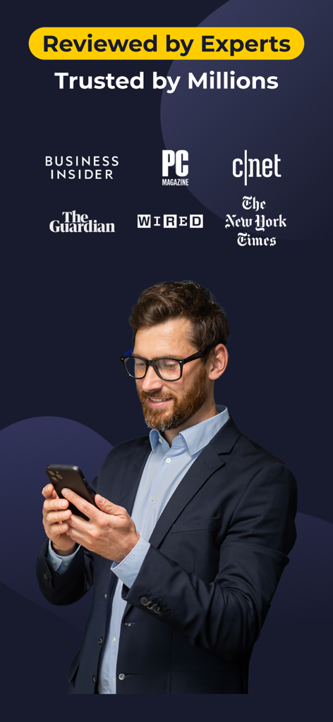 A professional man looking at his smartphone with logos of expert reviews from Business Insider, PC Magazine, and CNET.