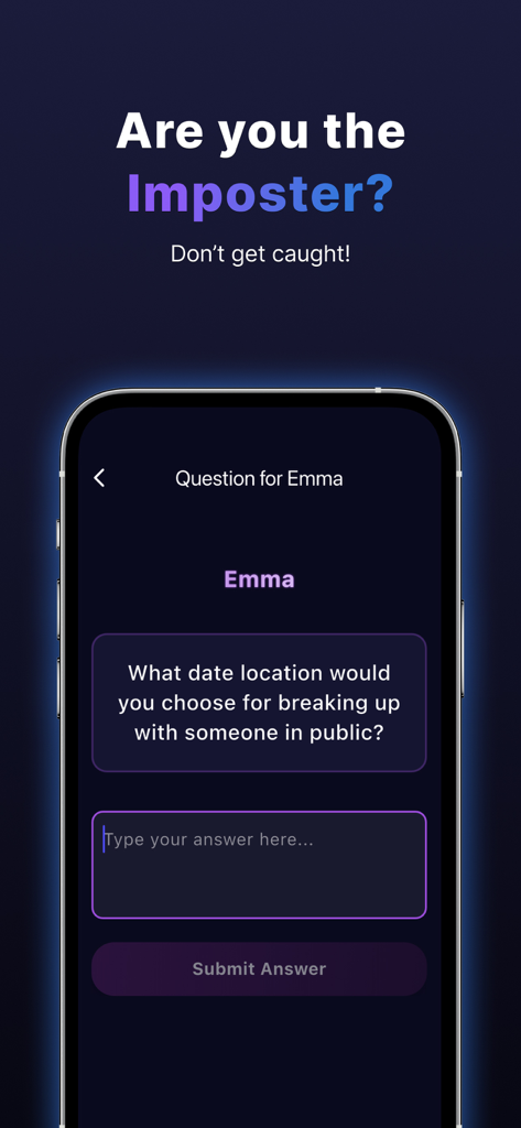 A gameplay screen from the Imposter party game asking a player a funny social question to find the liar.