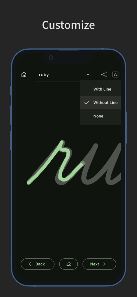 Un'interfaccia smartphone che mostra le opzioni di personalizzazione per la pratica della scrittura in corsivo in modalità scura.