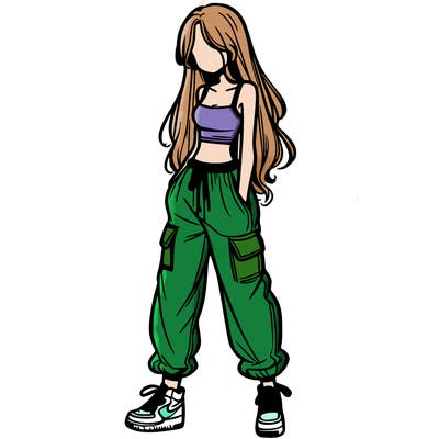 girl in baggy pants crop top and long hair