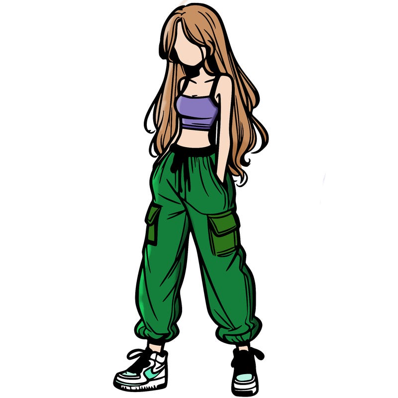 girl in baggy pants crop top and long hair
