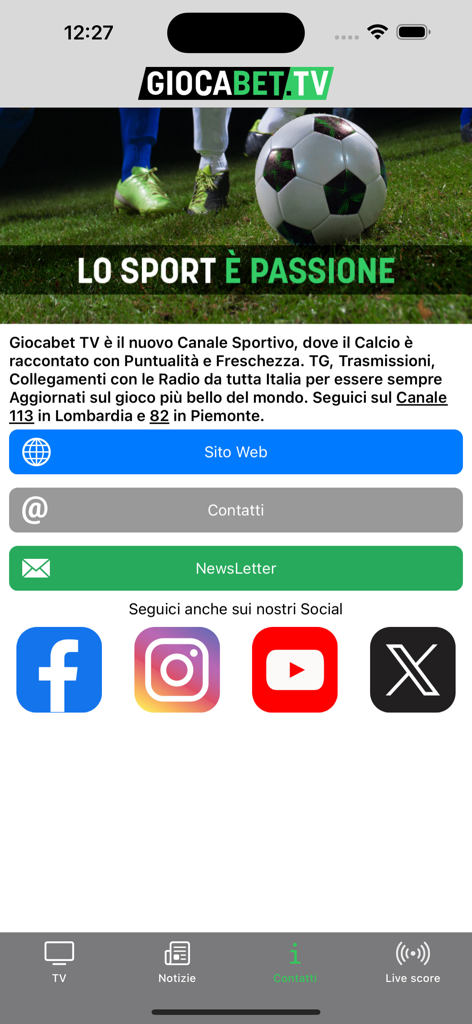 Giocabet.TV - Pantalla de inicio de la aplicación de noticias deportivas Giocabet TV que muestra contenido de fútbol.