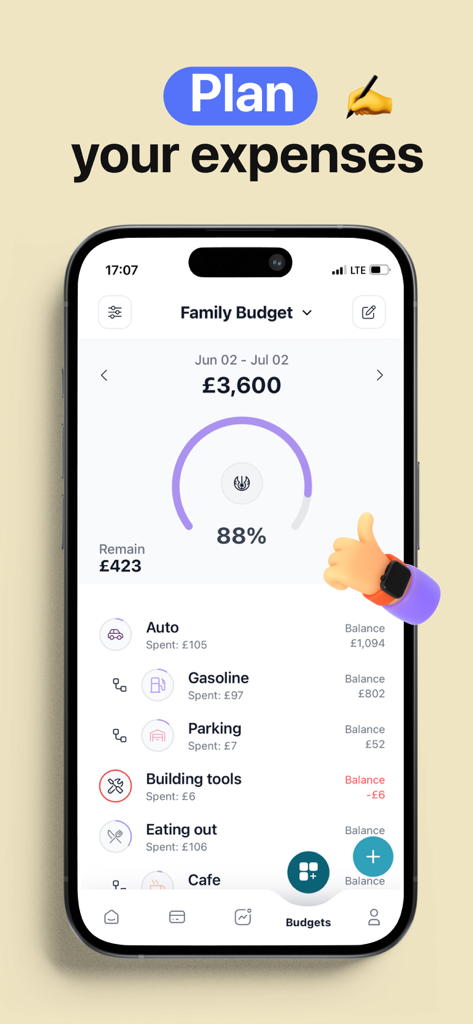 Money Flow: Easy Budget App - Smartphone exibindo a tela de orçamento familiar do aplicativo Money Flow com categorias de despesas e gráfico de progresso