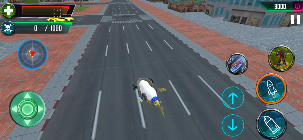 Car Spider Robot Transforming - Un robot tiburón volador sobre una calle de ciudad en el juego móvil Car Spider Robot Transforming.