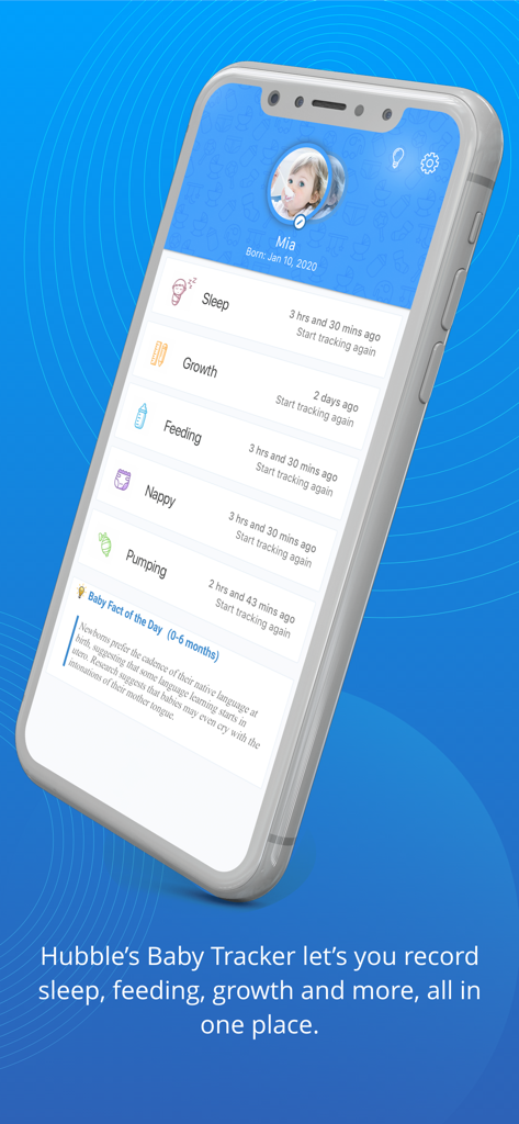 Pantalla del rastreador de bebés Motorola Hubble que muestra registros de sueño, alimentación y crecimiento