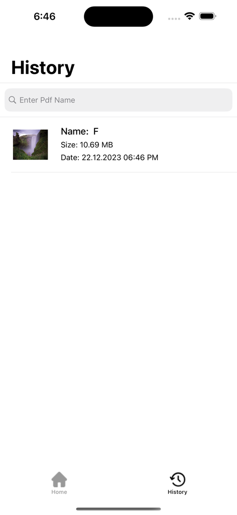 Convert Picture To PDF Maker - History screen of the PDF maker app displaying a list of converted documents with their file names, sizes, and conversion dates.
