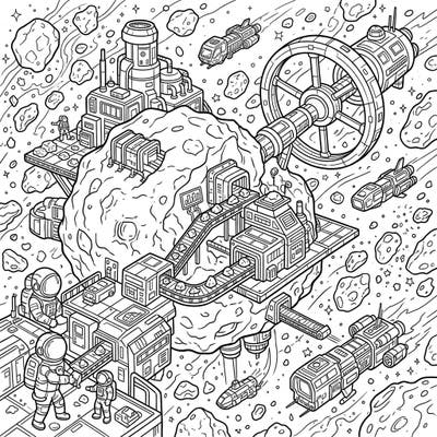 Embark on an epic cosmic journey with this detailed coloring page featuring a bustling asteroid mining base. Discover intricate machinery, working astronauts, and spaceships in a sprawling sci-fi scene, perfect for hours of creative fun.
