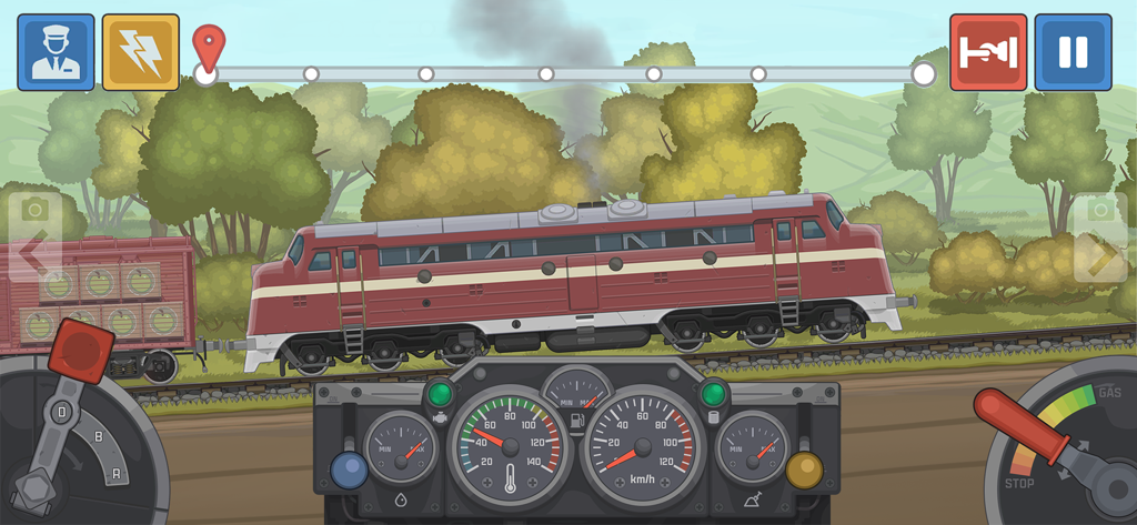 Train Simulator: Railroad Game - Una locomotora diésel roja transportando carga con un panel de control de tren detallado en un juego de simulación 2D