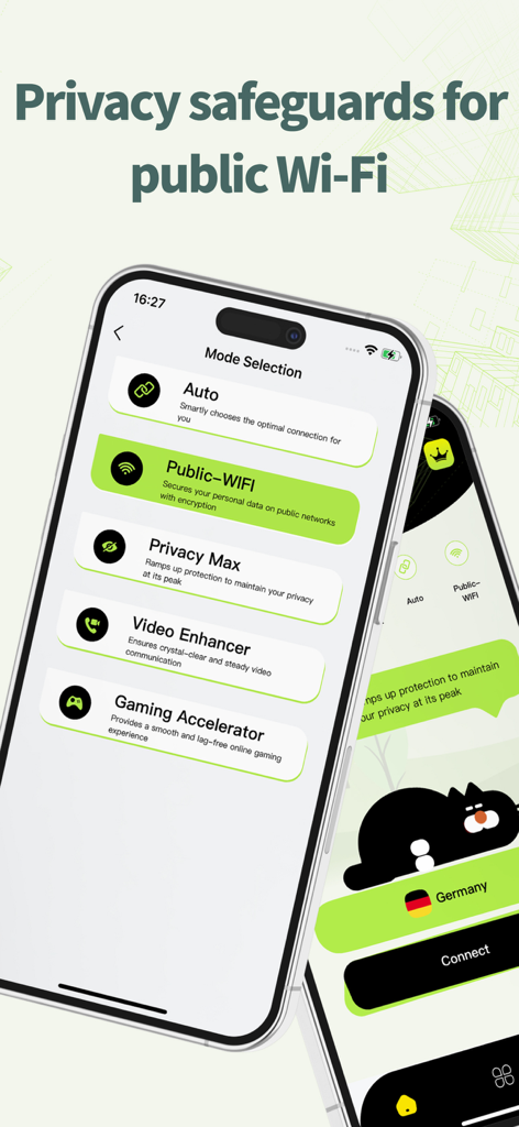 VPN – Black Cat Free VPN ™ - Black Cat VPN app screen showing mode selection for public Wi-Fi and privacy safeguards
