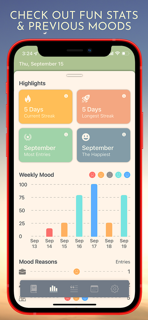 Daily Journal+ - Pantalla de la aplicación Daily Journal plus que muestra gráficos del estado de ánimo y rachas