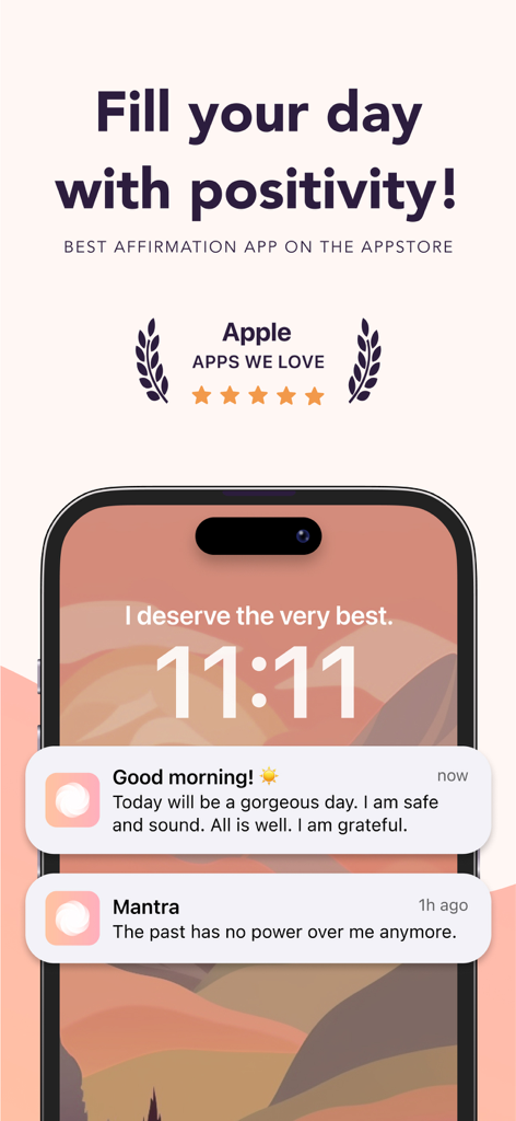 Mantra - Daily Affirmations - iPhone lock screen showing daily positive affirmation notifications from Mantra app with a peaceful mountain background
