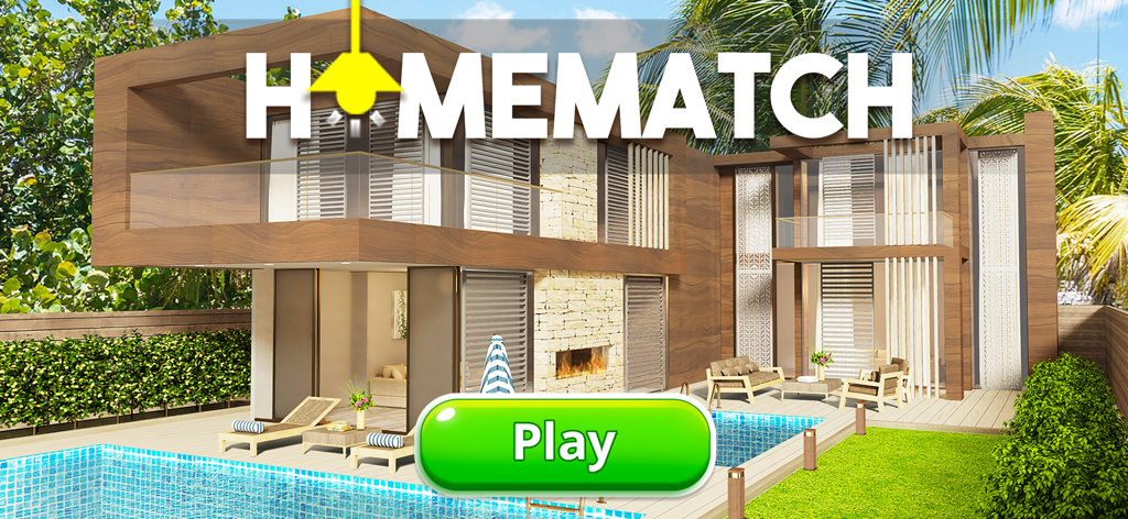 Homematch home design game title screen featuring a modern luxury house with a swimming pool and play button
