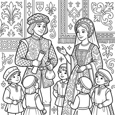 Step back in time with this charming Renaissance family portrait, designed specifically for young artists. This delightful scene captures a noble family, offering a wonderful way for kids to explore history through color.