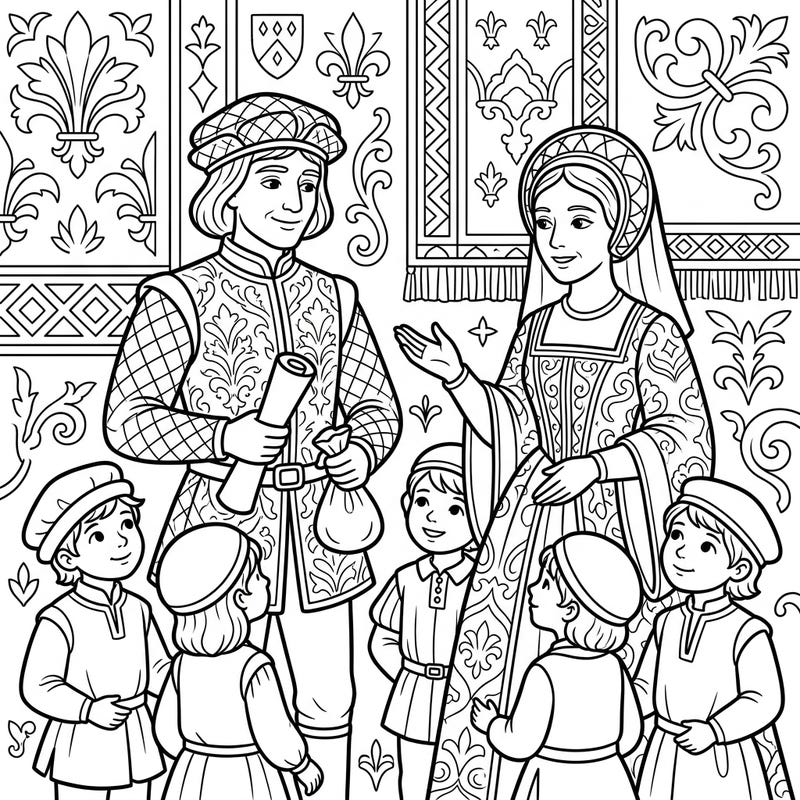 Step back in time with this charming Renaissance family portrait, designed specifically for young artists. This delightful scene captures a noble family, offering a wonderful way for kids to explore history through color.