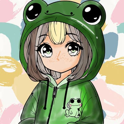 cute realistic girl in a froggy hoodie