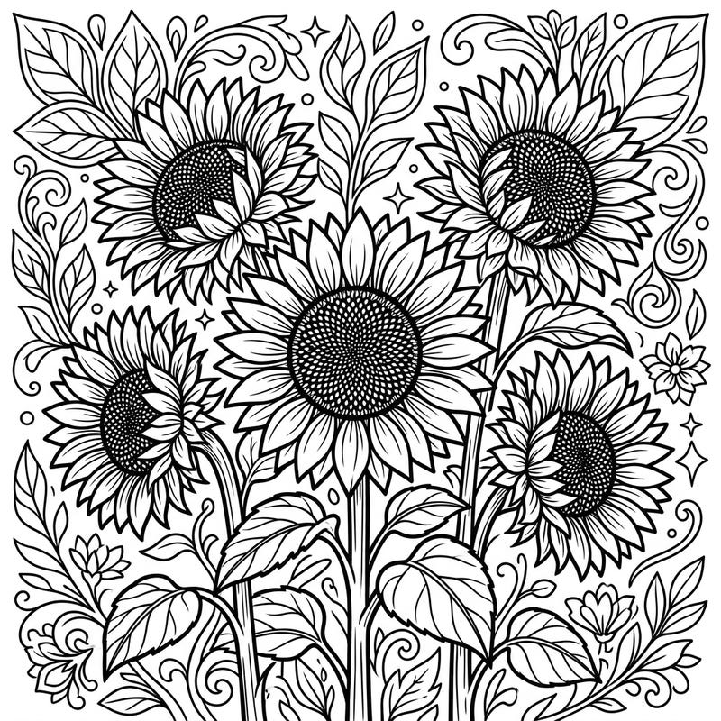 Unleash your creativity with this stunning coloring page featuring intricate Black Oil Sunflowers. Explore a detailed botanical scene perfect for a relaxing and engaging art session.