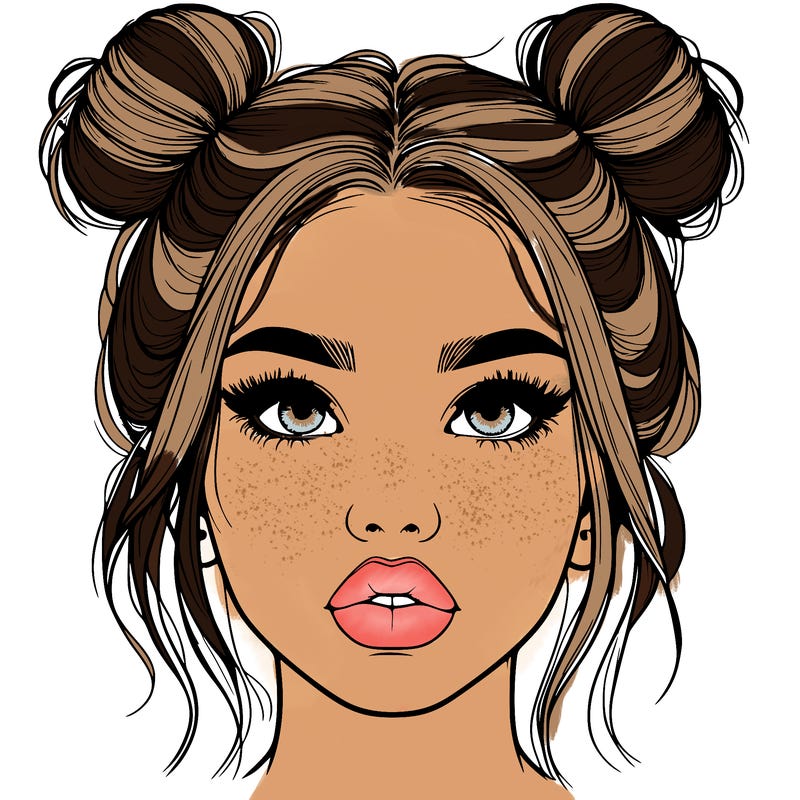 realistic girl with two buns on her hair and lips