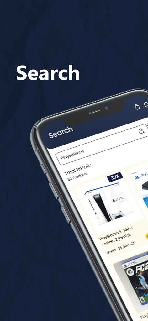 WeOrder Iraq - Search results screen on the WeOrder Iraq mobile app showing PlayStation 5 product listings with prices in Iraqi Dinars