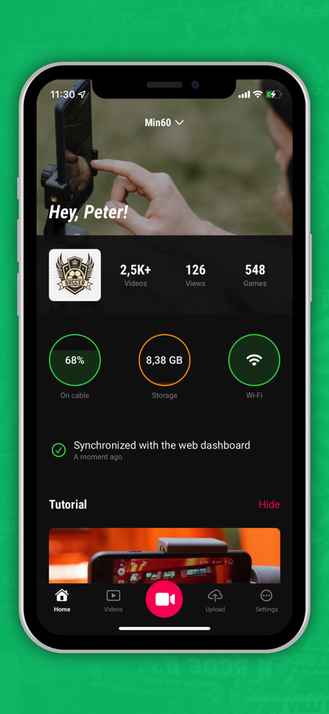 Un cruscotto dell'app mobile per Sport.Video che mostra i livelli di archiviazione delle statistiche video e lo stato di sincronizzazione