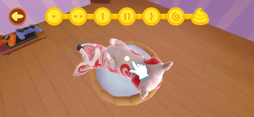 ZenCorgi: Puppy Pet Dog Games - Filhote de corgi virtual deitado de costas em uma cama de cachorro recebendo um carinho na barriga