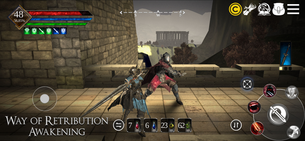 Way of Retribution: Awakening - Zwei gepanzerte Krieger kämpfen auf einem steinernen Balkon in einer Dark-Fantasy-Action-RPG-Umgebung mit mobilen Benutzeroberflächenelementen.