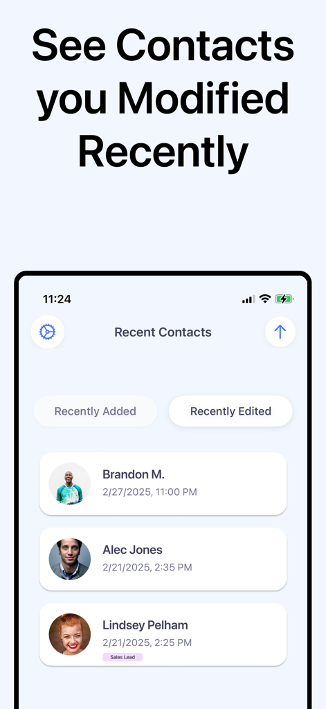 Recent Contacts: When & Where - Interfaz de la aplicación del iPhone mostrando una lista de contactos modificados recientemente con nombres y marcas de tiempo.