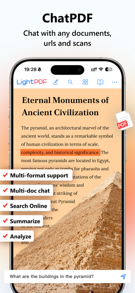 LightPDF: AI Chat PDF, Scanner - LightPDF app interface showing the AI chat assistant analyzing a document on a smartphone