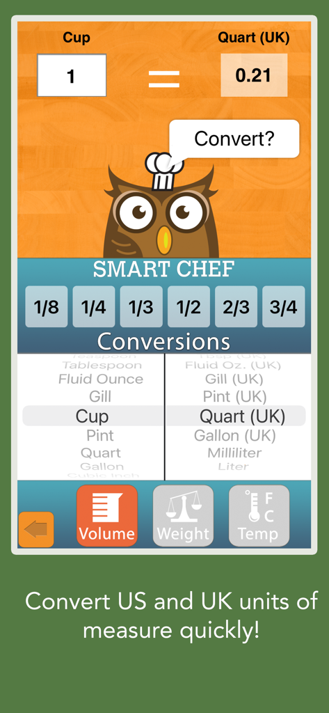 Smart Chef - Cooking Helper - Interface do aplicativo Smart Chef mostrando conversões de volume de cozinha entre xícaras americanas e quartos do Reino Unido.