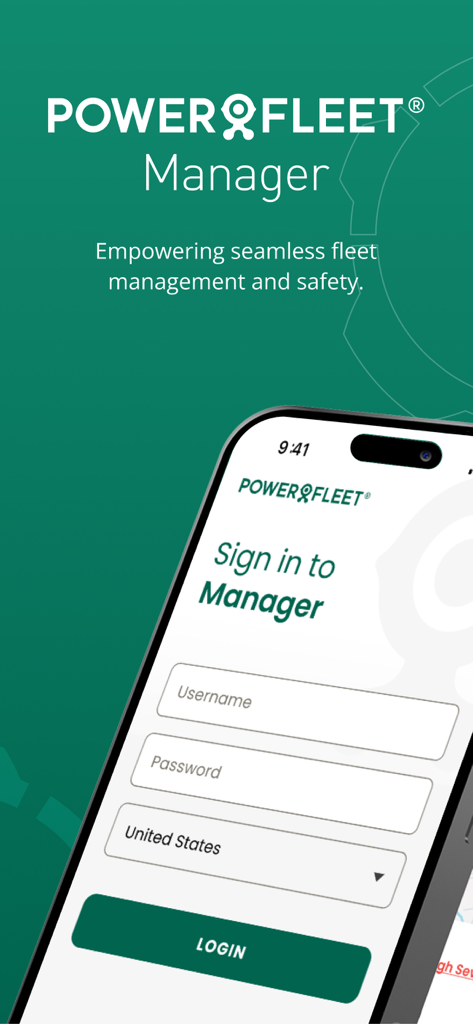Powerfleet Manager - Login screen of the Powerfleet Manager mobile app displayed on a smartphone