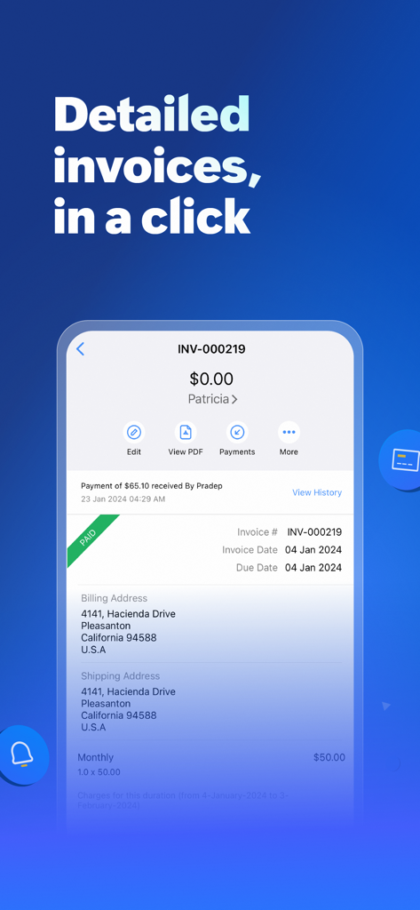 Accounting App - Zoho Books - Zoho Books mobile app interface displaying a detailed paid invoice with billing and shipping information.