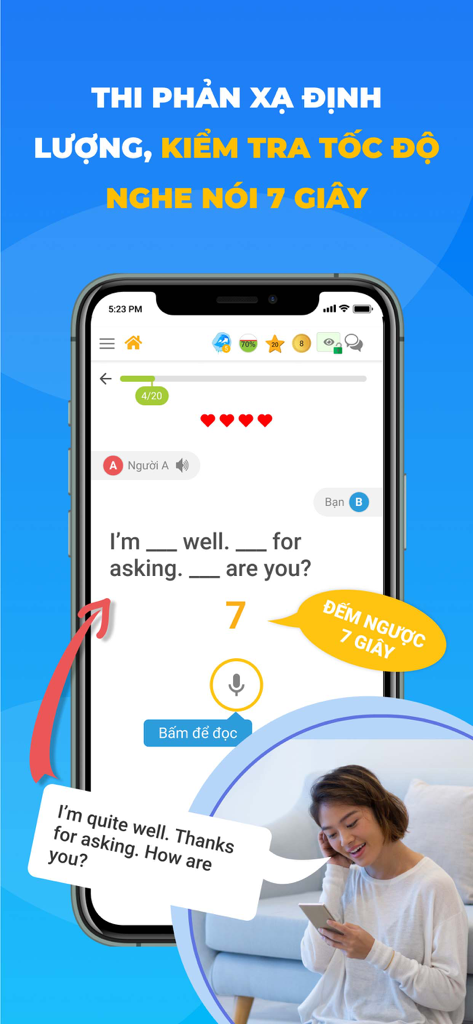 Lang Kingdom - Best At English - Screenshot of Lang Kingdom app showing an English speaking reflex test with a 7-second timer for Vietnamese learners.