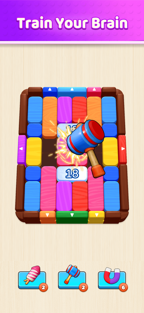 Slide Block Rush Puzzle-Spielbildschirm mit bunten Blöcken und einem Hammer-Power-Up