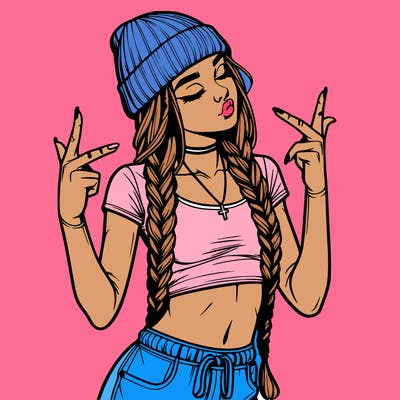 realistic teenage girl with braids and a beanie and crop top doing 🫶🏼