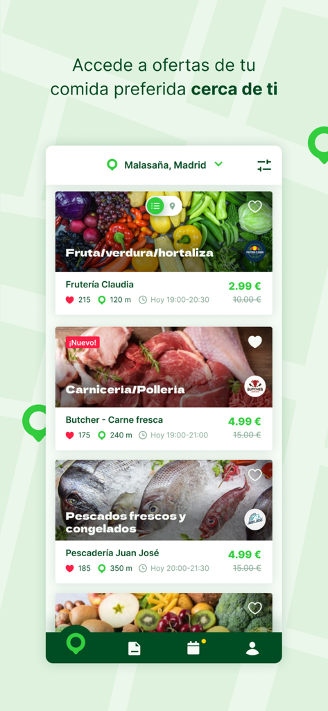 Coometas - Interface of the Coometas app showing a list of discounted surplus food offers from local grocery stores, butcher shops, and fishmongers