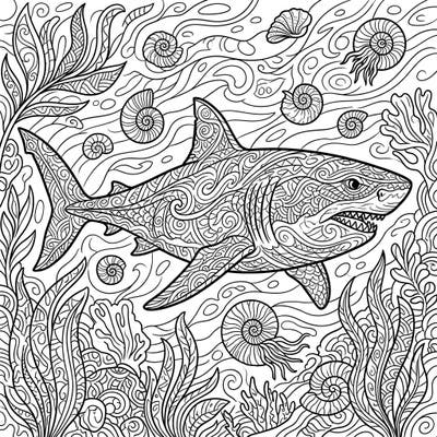 Embark on an epic prehistoric journey with this captivating adult coloring page featuring a magnificent extinct shark, like the formidable Megalodon. Its complex patterns and detailed oceanic surroundings offer hours of mindful coloring and artistic satisfaction.