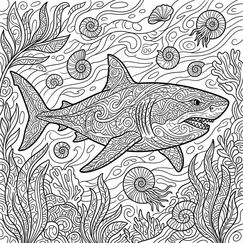Embark on an epic prehistoric journey with this captivating adult coloring page featuring a magnificent extinct shark, like the formidable Megalodon. Its complex patterns and detailed oceanic surroundings offer hours of mindful coloring and artistic satisfaction.