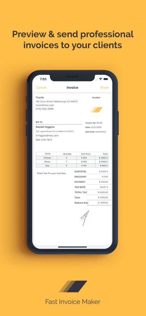 スマートフォンの画面に表示されるプロフェッショナルな請求書のプレビュー。