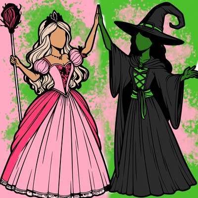detailed realistic split of a princess and a witch