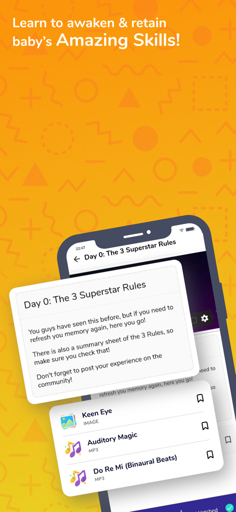 Prodigy Baby - Parenting App - Mobile app interface showing the Prodigy Baby program with a lesson title The 3 Superstar Rules and audio-visual developmental activities.