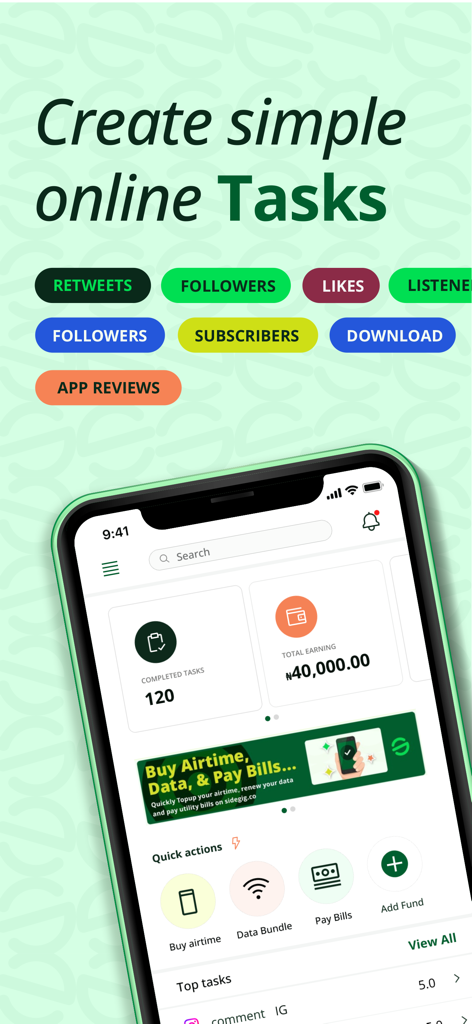 Sidegig app interface showing task creation options like retweets and likes alongside a user dashboard with earnings