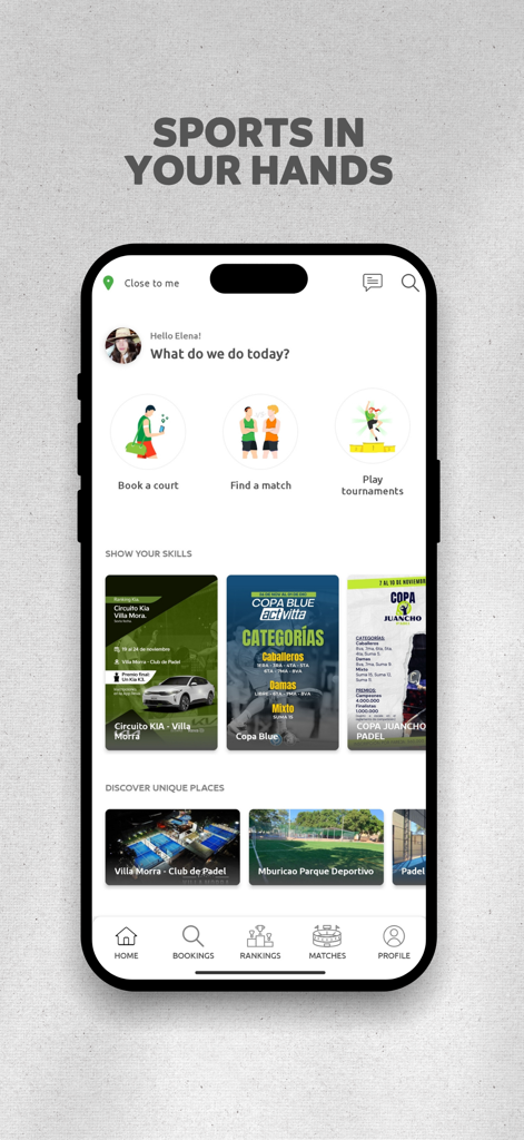 Revaスポーツ予約アプリのホーム画面。コート予約、試合探し、トーナメント参加のオプションを表示。