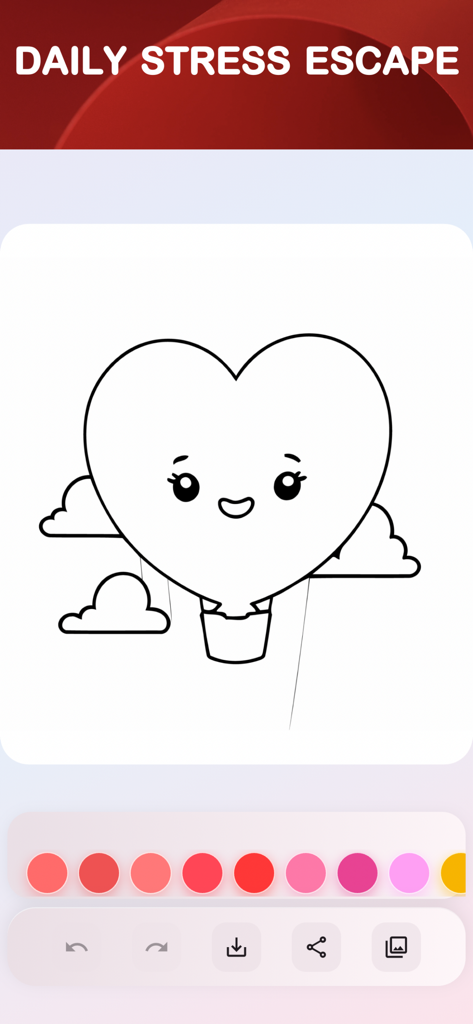 Satisfying Coloring ASMR - 만족스러운 색칠 ASMR 앱에서 '매일 스트레스 탈출'이라는 헤드라인 아래 귀여운 하트 모양의 열기구 색칠 페이지.
