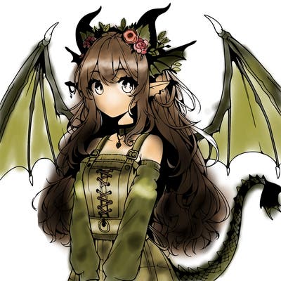 realistic girl with cat ears and dragon horns tail and wings