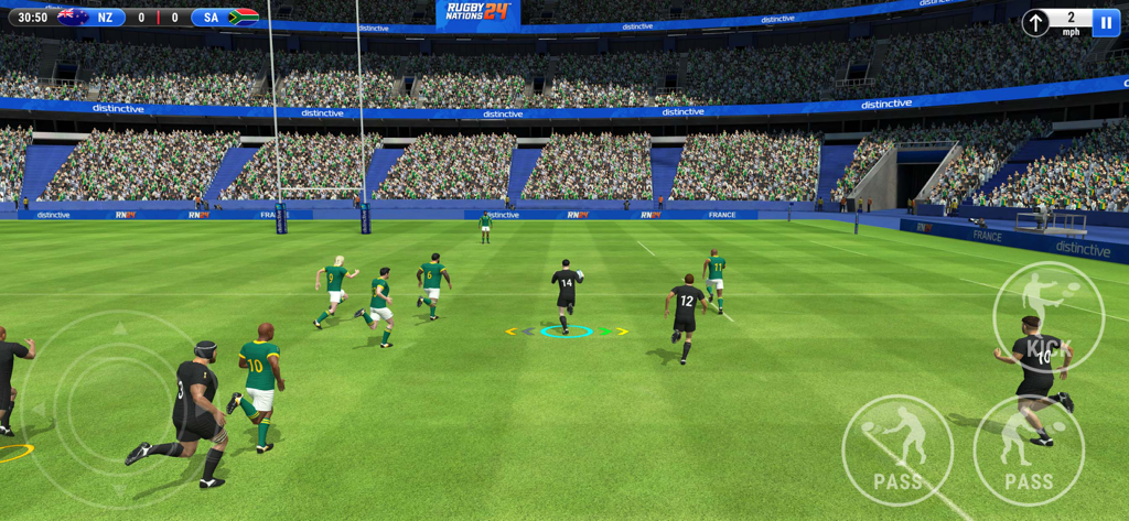 Gameplay de Rugby Nations 24 montrant un match entre la Nouvelle-Zélande et l'Afrique du Sud dans un stade bondé