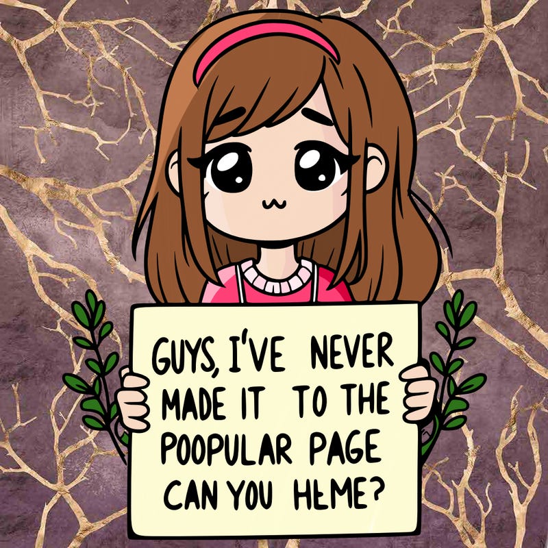 a girl holding up a sign that says, guys, i’ve never made it to the popular page, can you help me?