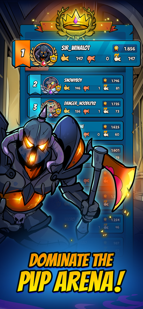 Mobile Dungeon: RPG Crawler - Mobile Dungeon PvP arena leaderboard showing player rankings and a dark knight hero with a battle axe