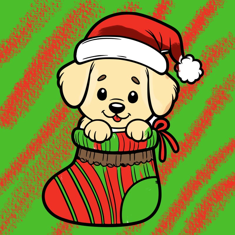 cute puppy wearing santa hat in socking